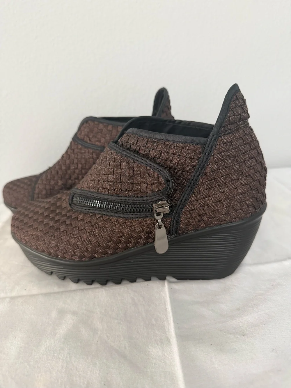 bernie mev. Brown Woven Zip Wedge Shoes